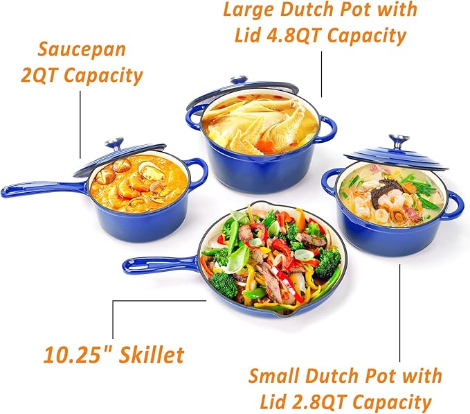 7-Piece Enameled Cast Iron Cookware Set: Dutch Ovens, Skillet & Sauce Pan with Non-Stick Ceramic Coating - Oven Safe to 550°F, PFOA-Free (Cobalt Blue)