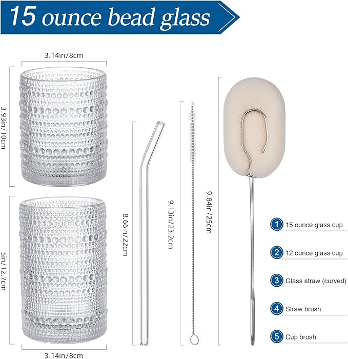 HomeVogue Hobnail Drinking Glasses Set of 12, 12oz & 15oz Vintage Glassware Set Cocktail Glass Set, Embossed Clear Water Tumbler,for Beer, Whiskey,Juice and Various Mixed Drinks (12 Pack-Clear)