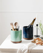 Utensil Holder, 360° Rotating Extra Large Ceramic Kitchen Utensil Holder for Countertop, 7.3“ Cooking Utensil Crocks for Kitchen Counter with Rotatable Wooden Base, Farmhouse Decor, Forest Green