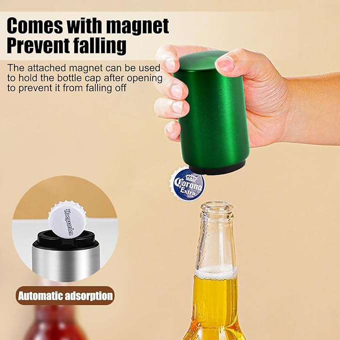 Automatic Beer Bottle Opener with Magnetic Cap, Stainless Steel One-Handed Lid Opening Spring Loaded Push&Pop Bottle Opener for Home Bars Picnic Camping Hiking（2PCS）
