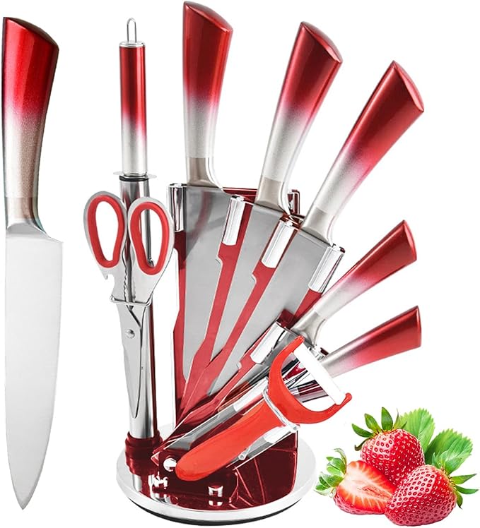 Professional 9-Piece Kitchen Knife Set with Acrylic Block - Non Stick Sharp Stainless Steel Chef Knives with Sharpener,Gift for Home Kitchen Women