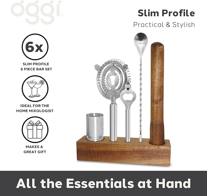 OGGI 6-Piece Slim Bartender Kit - Ideal Bar Cart Accessories, Great Decor and Accessories for the Home Bar, Bartending Kit - Acacia Base & Muddler, Stainless Stirrer, Opener, Jigger, Cocktail Strainer