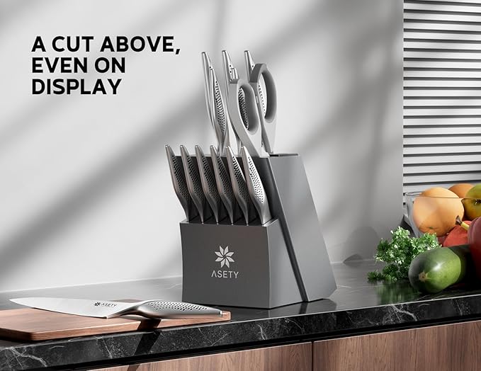 ASETY Knife Set - Ultra Sharp Knives Set for Kitchen with block, 15 PCS Stainless Steel Knife Set with Built-in Sharpener, Ergonomic Non-Slip Handle, Elegant Box for Men Women