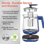 1200w Electric Kettle, 1.5L Borosilicate Glass tea kettle, Hot water kettle electric for Coffee or Tea, BPA Free, Auto Shut-Off, Stainless Steel, Fast Boil, Blue
