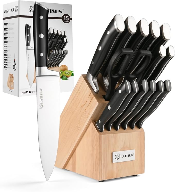 Knife Sets 15 Pieces for Kitchen with Block, German Stainless Steel Kitchen Knife Set, ABS Ergonomic Handle Chef Knives, and Shears for Chopping, Slicing and Cutting