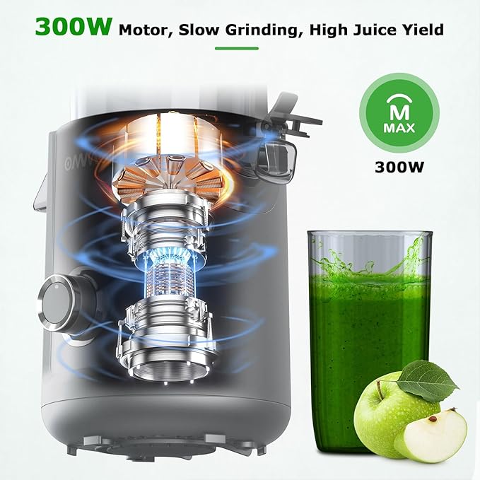 OMMO Cold Press Juicer Machines: 5.1" Wide Feed Chute Slow Masticating Juicer for Whole Fruits & Vegetables, Easy to Clean, High Juice Yield, BPA Free, Grey