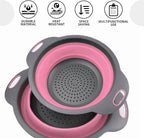 Pink Round Silicone Colander Collapsible – Foldable Kitchen Strainer Small Collapsible Colander Pink with Plastic Handles for Draining Vegetable and Fruit Round Silicone Kitchen Strainer for Pasta
