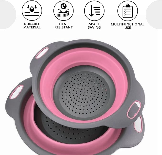 Pink Round Silicone Colander Collapsible – Foldable Kitchen Strainer Small Collapsible Colander Pink with Plastic Handles for Draining Vegetable and Fruit Round Silicone Kitchen Strainer for Pasta