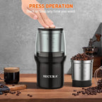 Secura Electric Coffee Grinder, Press Control Spice Grinder for Coffee Bean Seeds Herbs with 2 Stainless Steel Blades Removable Bowls, Black