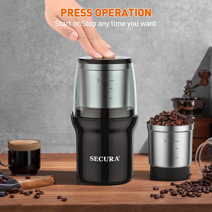 Secura Electric Coffee Grinder, Press Control Spice Grinder for Coffee Bean Seeds Herbs with 2 Stainless Steel Blades Removable Bowls, Black