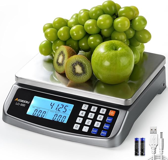 Atogou 110lb Food Scale, Commercial Kitchen Scale with Price Computing, Plug-in Usable, 0.05oz/1g, 304 Stainless Steel, for Cooking, Vegetables, Farm, Industry, Counting. LC300 Grey