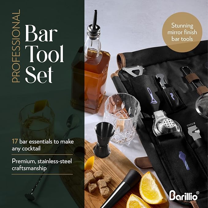 Barillio Bartender Kit Bag with Black Cocktail Shaker Set - Waxed Canvas, Traveling Bar Tools Bag with 17-Pc Cocktail Kit - Travel Mixology Bartending Kits - Mobile Bar Roll with Strap & Accessories