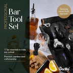 Barillio Bartender Kit Bag with Black Cocktail Shaker Set - Waxed Canvas, Traveling Bar Tools Bag with 17-Pc Cocktail Kit - Travel Mixology Bartending Kits - Mobile Bar Roll with Strap & Accessories