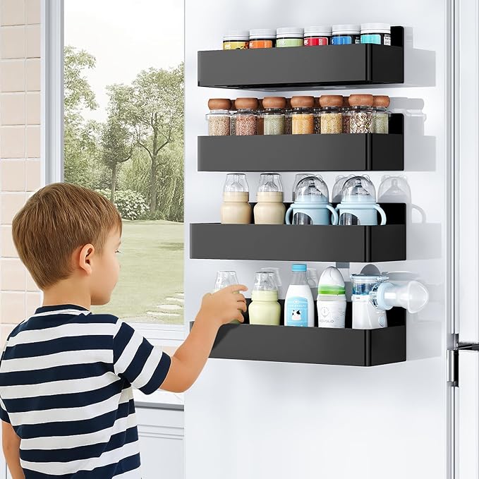 Mystozer Magnetic Spice Rack for Refrigerator, Kitchen Organizer and Storage Shelf, Black (4 Pack)…