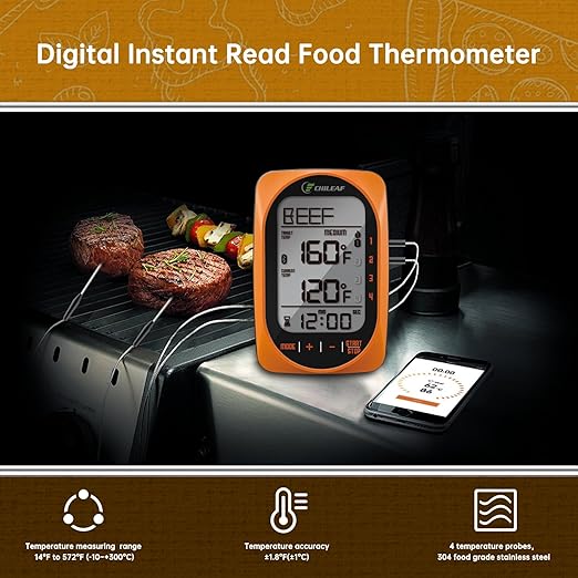 Bluetooth Meat Thermometer Smart Kitchen Thermometers with Timer Mode Temper Mode Digital Instant Read Food ThermometerA Grill Oven Thermometer with 4 Probes for Grill Candy Meat Oven Food Smoker