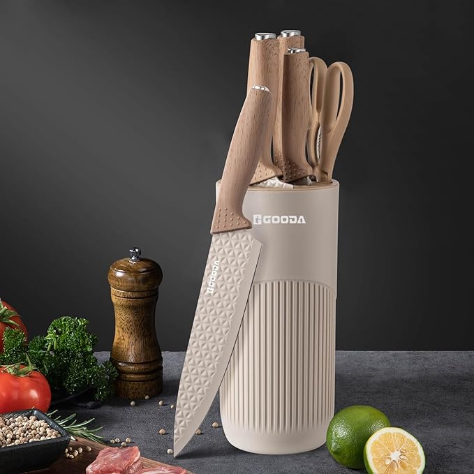 GOODA Kitchen Knife Set With Block,6-Piece Professional Chef Cooking Knives Set For Kitchen,Non-Stick Stainless Steel Knife Block Set