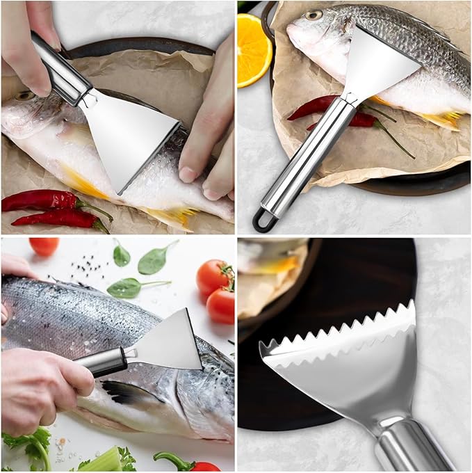 4 Pack Fish Scaler Scale Remover Stainless Steel Rake Teeth Scraping Tool Descaler Knives Scales Cleaning Descaling Scraper for Bream Salmon Fishes Seafood Market Kitchen