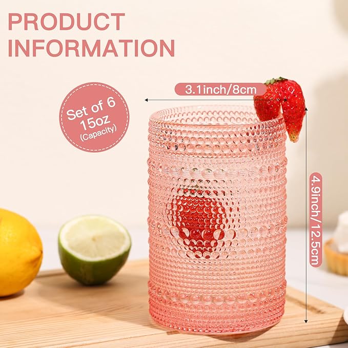 JOVGANK Pink Vintage Hobnail Drinking Glasses Set of 6, Water Tumbler 15oz, Kitchen & Bar Beaded Highball Glasses, Beverage Glass Cups for Water, Beer, Juice, Housewarming and Mother's Day Gift