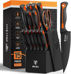 Knife Block Set -15 PCS Dishwasher Safe Kitchen Knife Set, High Carbon Stainless Steel, Razor-Sharp knives set with sharpener, Non-Slip Handles, Elegant Box for Her Him Women Men, Black,