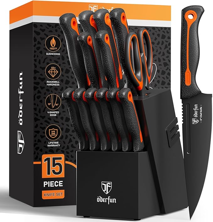 Knife Block Set -15 PCS Dishwasher Safe Kitchen Knife Set, High Carbon Stainless Steel, Razor-Sharp knives set with sharpener, Non-Slip Handles, Elegant Box for Her Him Women Men, Black,