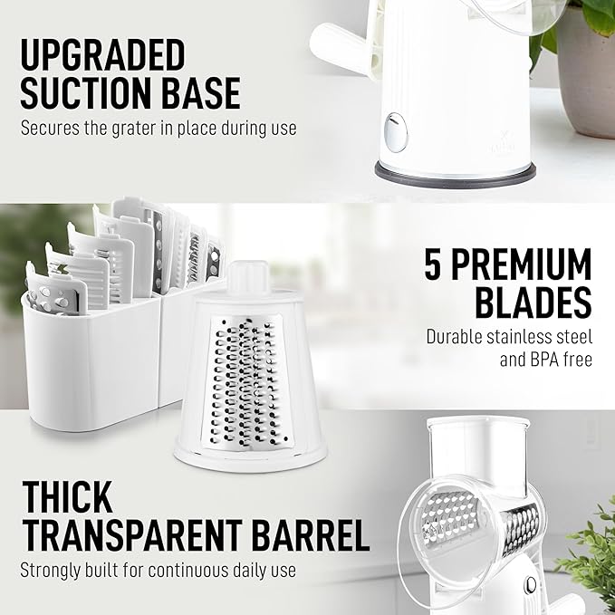 Zulay Kitchen Rotary Cheese Grater 5 Blade Cheese Shredder - Manual Hand Crank Cheese Grater With Reinforced Suction & 5 Interchangeable Drums - Easy to Use, Vegetable Chopper Round Mandoline Slicer