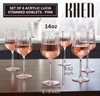 Khen Acrylic Lucia Stemmed Goblets - Unbreakable Wine Glasses Reusable Drinking Cups Dishwasher Safe Elegant Stemware for Cocktail Champagne | Kitchen Bar Party | Set of 6 |14oz | Pink
