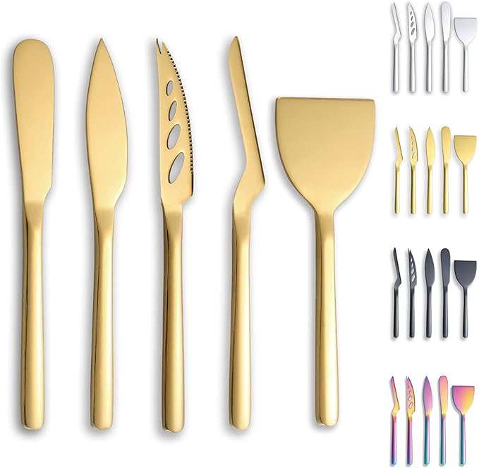Berglander Gold Cheese Knife Set of 5 for All Types of Cheese, Golden Titanium Plating Cheese Cutter Slicer Ergonomic Design for Confortable Grip and Cut, Butter Spreader Knife