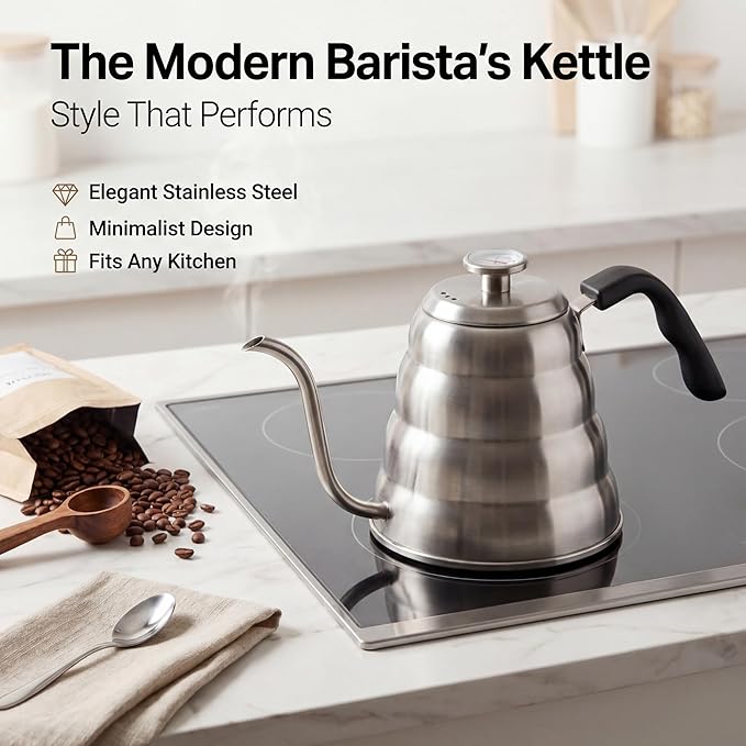 Barista Warrior Gooseneck Kettle with Thermometer - 1.2L Pour Over Coffee & Tea Kettle, 18/8 Stainless Steel Gooseneck Kettle Pot, Precision Pour Drip Spout, Suitable for All-Stoves (40 fl oz)