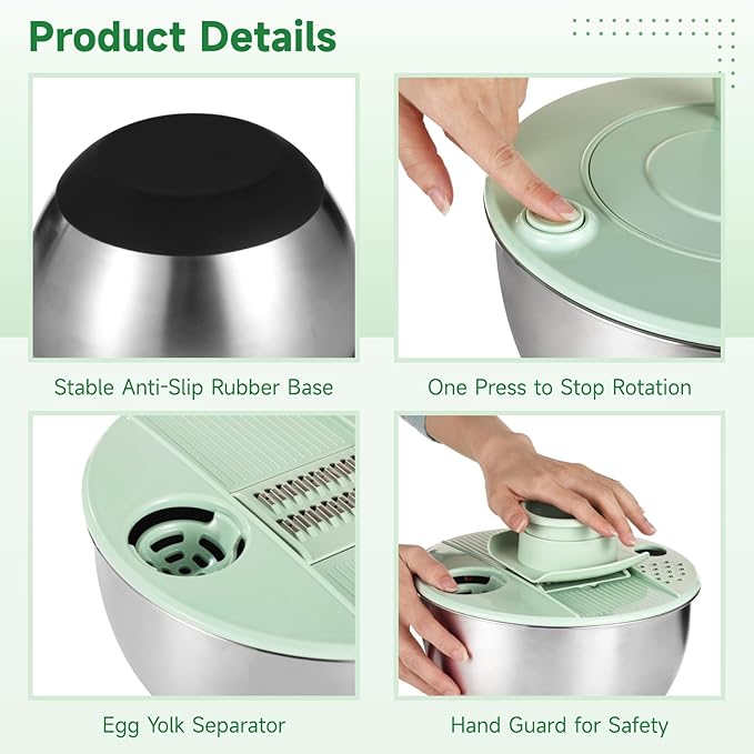 Stainless Steel Salad Spinner with Slicer Set, 5 Qt Large Rotation Vegetable Washer, 5 Interchangeable Slicers, Egg Separator, Anti-Slip Base Lettuce Bowl for Salad & Meal Prep