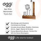 OGGI 6-Piece Slim Bartender Kit - Ideal Bar Cart Accessories, Great Decor and Accessories for the Home Bar, Bartending Kit - Acacia Base & Muddler, Stainless Stirrer, Opener, Jigger, Cocktail Strainer