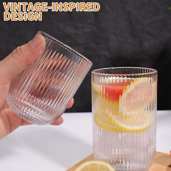 Set of 8 Ribbed Glassware,4 Highball Glasses 14oz & 4 Rocks Drinking Glasses 9oz, Clear, Origami Style, Fluted Design, for Milk, Water, Cocktail, Juice, Beer, ToothBrush Cup, Gift
