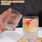 Set of 8 Ribbed Glassware,4 Highball Glasses 14oz & 4 Rocks Drinking Glasses 9oz, Clear, Origami Style, Fluted Design, for Milk, Water, Cocktail, Juice, Beer, ToothBrush Cup, Gift