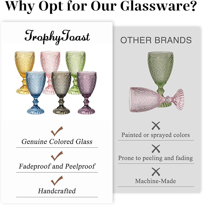 Colored Vintage Wine Glasses Set of 6 – 10.5 Ounces Colored Glass Water Goblets, drinking glasses for Mothers Day, Wedding, Holiday, or Fancy Glassware for everyday
