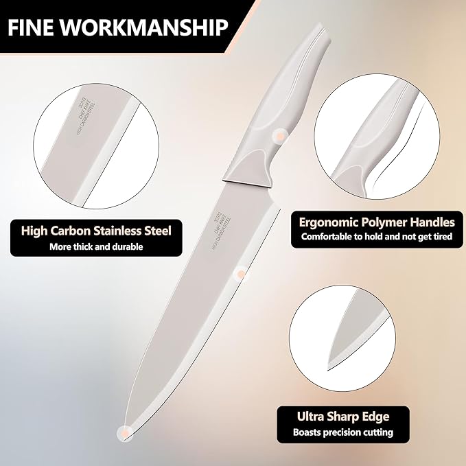 E-far Knife Set with Block, 15 Pieces Kitchen Knife Block Set with Sharpener, High Carbon Stainless Steel Sharp Chef Knife Set with Ergonomic Handles, Anti Rust, Khaki