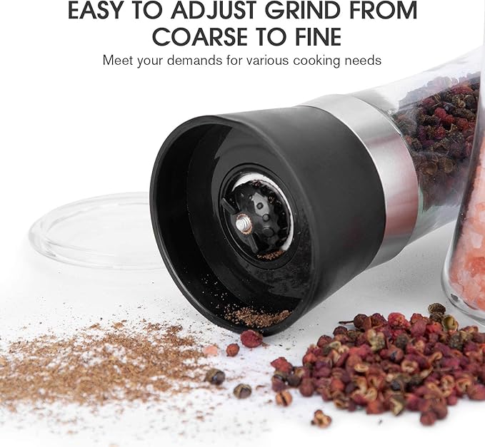 Hotder Premium Pepper and Salt Grinder Set of 2-Refillable Coarseness Adjustable Pepper Mill Shaker with Glass Body for Home,Kitchen(Two Pack)