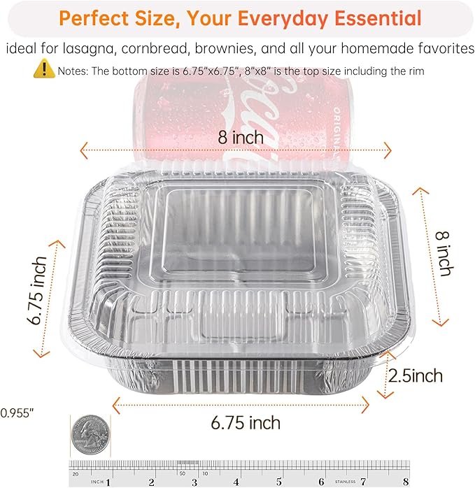 8x8 Aluminum Pans with Clear Lids - 20 Pack Disposable Baking Pans, Tin Foil Trays for Baking Cake, Cooking, Heating, Storing and Prepping Food