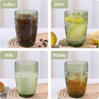 abrwyy 6Pcs 14OZ Drinking Glasses, Green Drinking Glasses, Colored Glassware Drinking, Highball Beverage Glasses Cup, Vintage Glassware Set for Water, Juice, Cocktail, Coffee