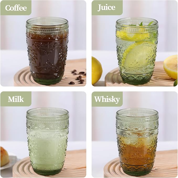 abrwyy 6Pcs 14OZ Drinking Glasses, Green Drinking Glasses, Colored Glassware Drinking, Highball Beverage Glasses Cup, Vintage Glassware Set for Water, Juice, Cocktail, Coffee