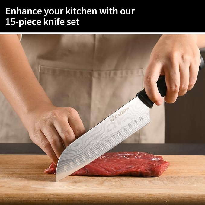 Damascus Pattern 15-Piece Kitchen Knife Set with Block, High Carbon Steel Chef Knife, Includes Sharpener and Scissors, Ergonomic Black Anti-Slip Handle and Red Trim, Perfect for Professionals
