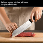 Damascus Pattern 15-Piece Kitchen Knife Set with Block, High Carbon Steel Chef Knife, Includes Sharpener and Scissors, Ergonomic Black Anti-Slip Handle and Red Trim, Perfect for Professionals