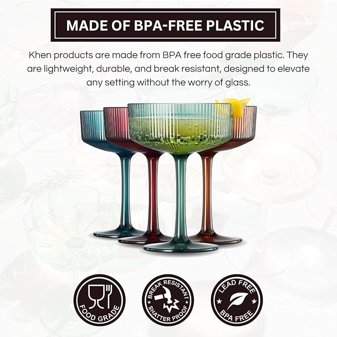 Khen Shatterproof Acrylic Ribbed Vintage Art Deco Martini, Champagne & Cocktail Muted Color Plastic Coupe Glasses | Set of 4 | 8 oz Ripple Glassware Classic Cocktail Indoor & Outdoor, European