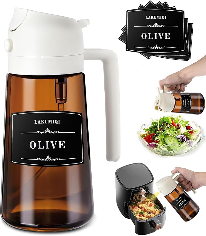 LAKUMIQI 2 in 1 Oil Sprayer for Cooking, 16oz Olive Oil Dispenser Bottle for Kitchen, Food Grade Light-Blocking Leak Proof Glass Spray Bottle for Salad, Air Fryer, BBQ