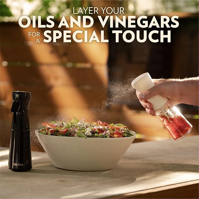 FLAIROSOL OLIVIA SIGNATURE Advanced Kitchen Oil Sprayer Technology, Fine Mist & Portion Control, Refillable Glass Olive Oil Cooking Spray Bottle for Air Fryer, Salad, BBQ, 2 Pack 200ml (White)