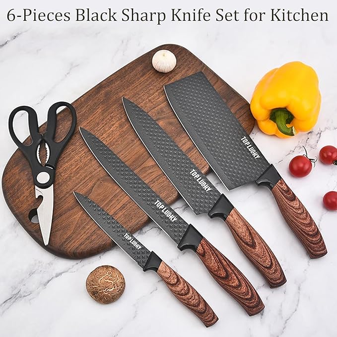 Black Knife Set, 6 Pieces Professional Kitchen Knife Set with Universal Knife Block, Super Sharp Knife Block Set with Ergonomic Handle Non-stick Stainless Steel Knife Block Set (Black)