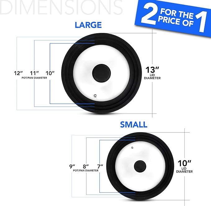 Modern Innovations Universal Lids (Set of 2) Fits 7 to 12-Inch Cookware, Silicone Replacement Pan Lid, Glass Top Covers for Skillets, Pots, Frying Pans, Cast Iron, CrockPot - Black