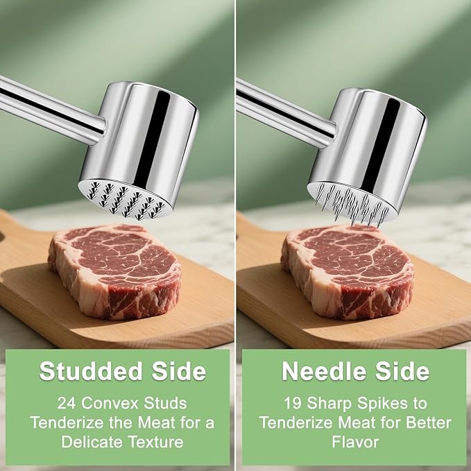 2-in-1 Real 316L Stainless Steel Meat Tenderizer Mallet Hammer,1.09lb Heavy Duty Meat Tenderizer Tool with 19 Sharp Spikes for more Flavor,Professional Meat Pounder,Dishwasher Safe & Long-Lasting