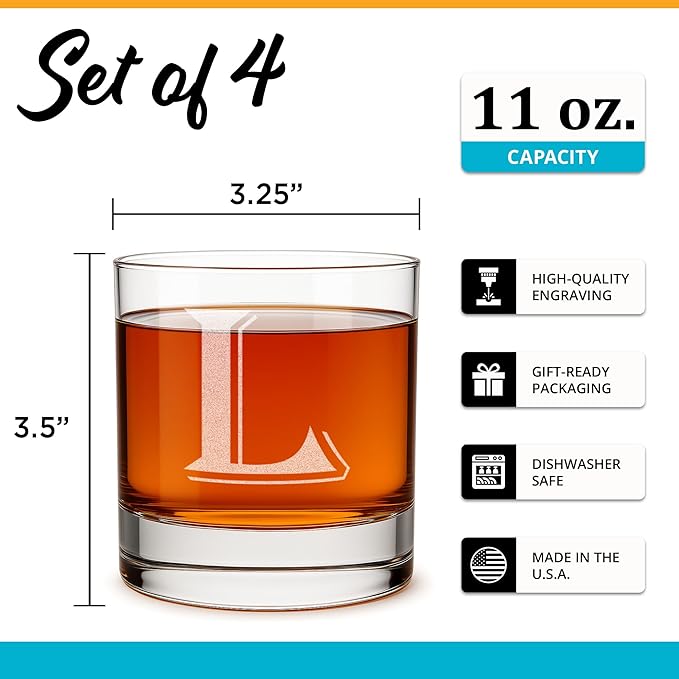 On The Rox (L-Monogram)- 4 Piece Set of 11 Ounce Engraved Heavy Base Rocks Glasses Elegant Glass-Multi-Purpose Beverage-Rocks Glass- Gift for any Occasion