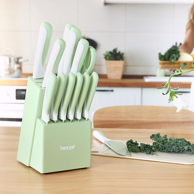 hecef 15 Pieces Kitchen Knife Set with Built-in Sharpening Wooden Block, Dishwasher Safe, High Carbon Stainless Steel Knife Block Set with Steak Knives, Kitchen Scissors, Green