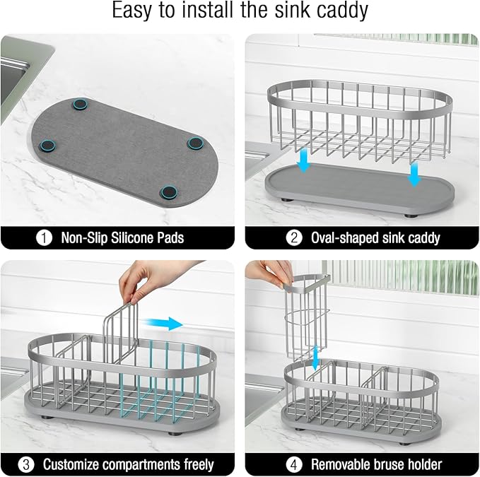 Sponge Holder for Kitchen Sink with High Brush Holder, [Stay-Dry Anywhere & No Drainage Needed] Rustproof Stainless Steel Kitchen Sink Caddy Organizer with Water Absorbing Stone Tray, Silver