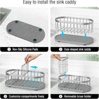 Sponge Holder for Kitchen Sink with High Brush Holder, [Stay-Dry Anywhere & No Drainage Needed] Rustproof Stainless Steel Kitchen Sink Caddy Organizer with Water Absorbing Stone Tray, Silver